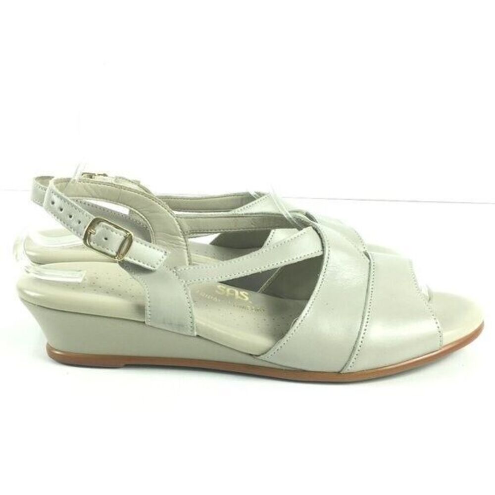 SAS Women Sandals Strap Ortho White Cream Low Wedge Narrow Comfort Peep Size 9